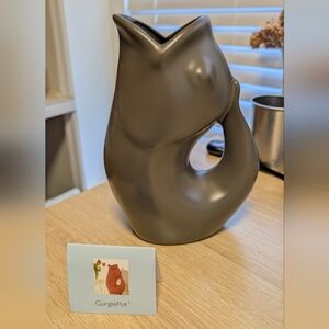 Gurgle Pot 9.5" Fish Pitcher Vase 42 oz Large Pottery Stoneware Dark Gray Matte